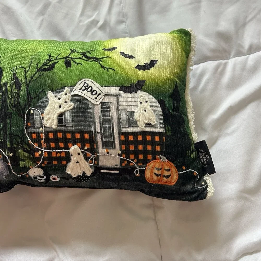 Spooky Night Halloween Haunted Ghost‎ Camping Embroidered Throw Pillow 12 X 8